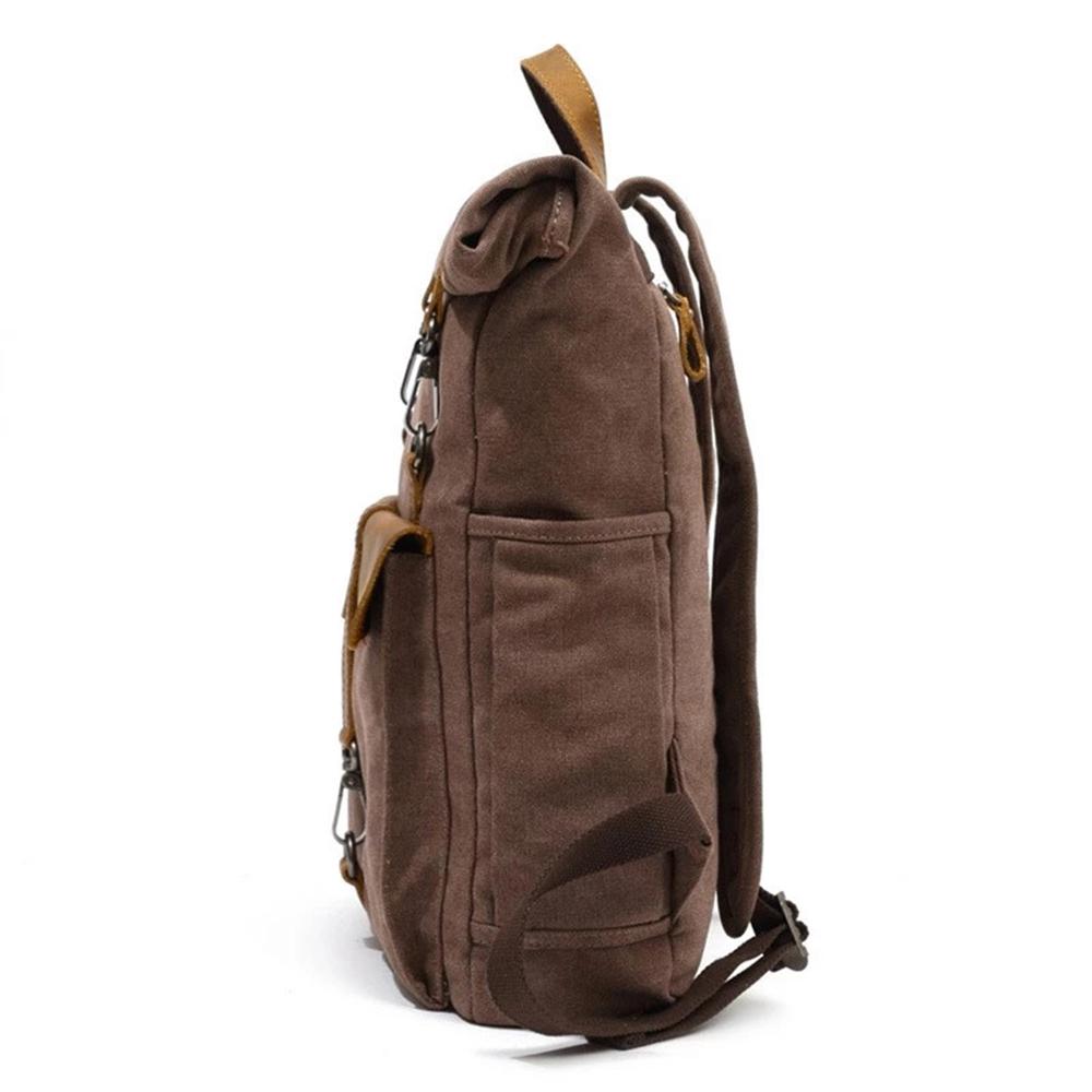 Left-side profile of the Coffee backpack showing the zipper pocket and slim body.
