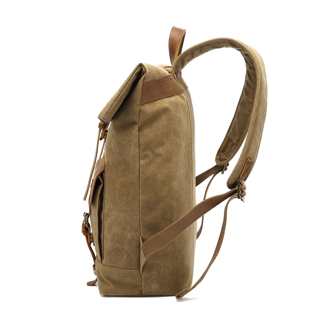 Left-side view of the Khaki waxed canvas roll top backpack and its strap.