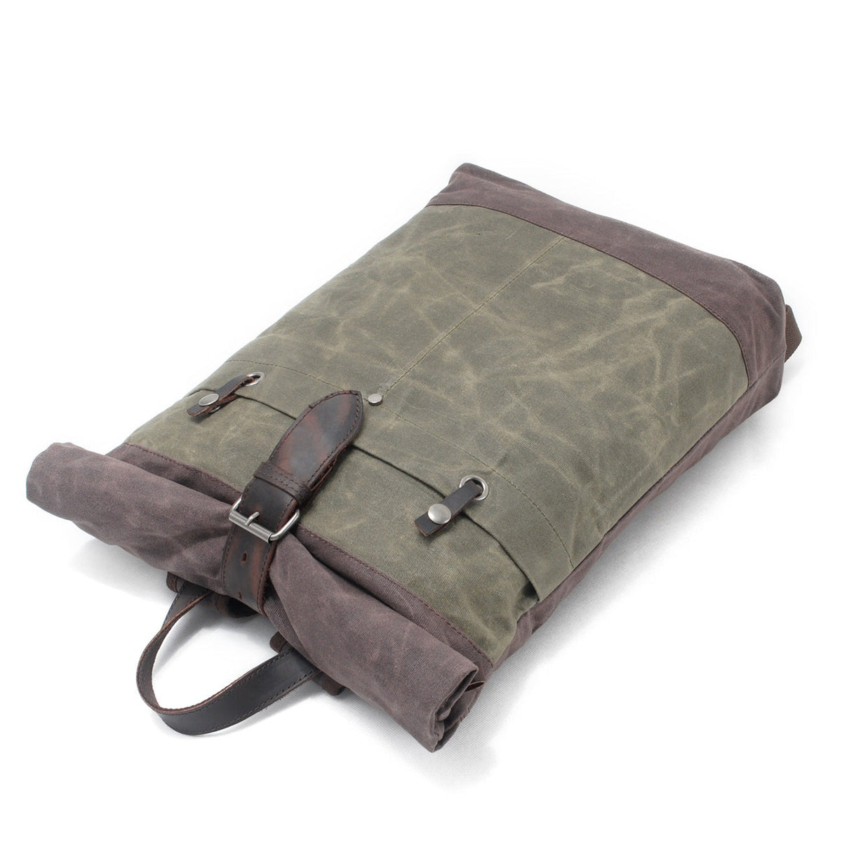 Army waxed canvas roll top backpack with the buckle strap fastened.
