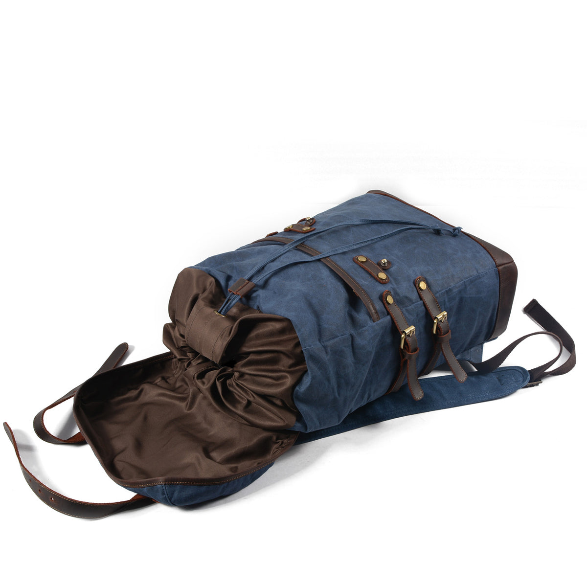 Blue rucksack with the flap folded back and drawstring open