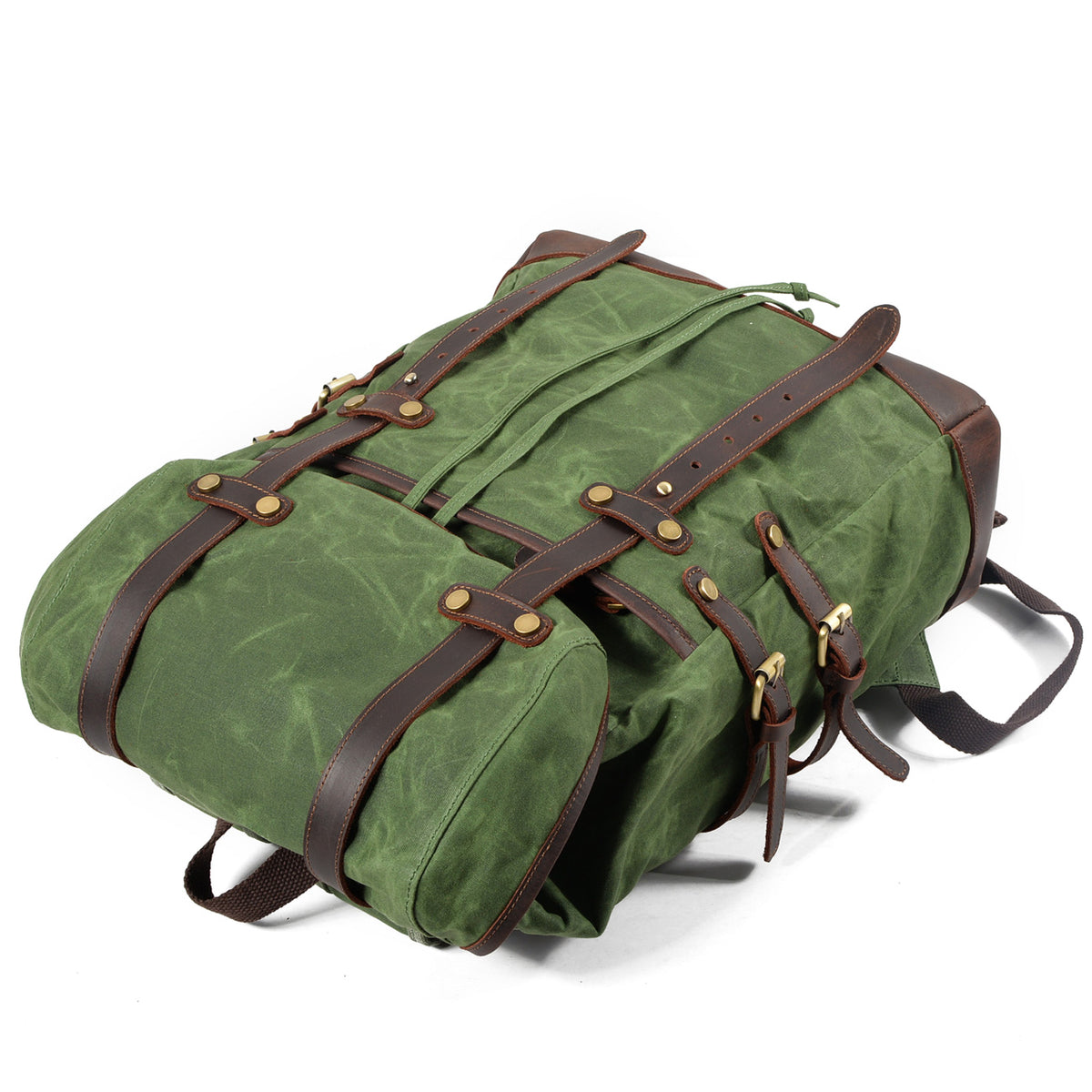 Army waxed canvas backpack with the leather straps buckled.