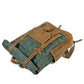 Lake green backpack lying flat with the roll top strapped down