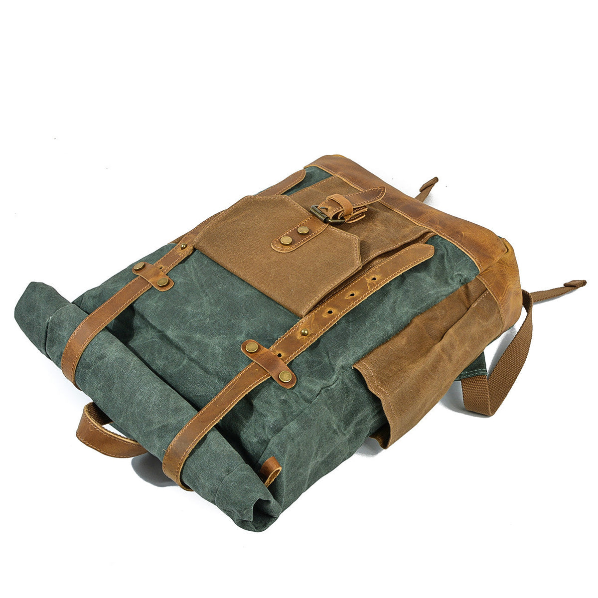 Lake green backpack lying flat with the roll top strapped down