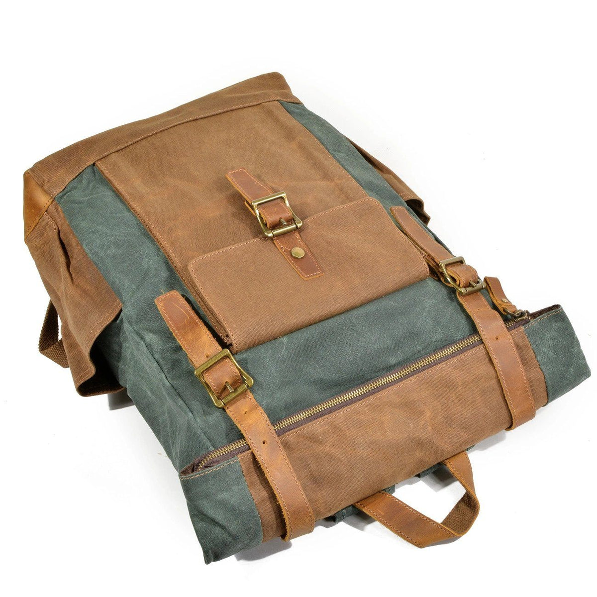 Lake green roll top backpack lying flat with the leather front pocket