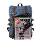 Blue backpack next to a magazine to show its size