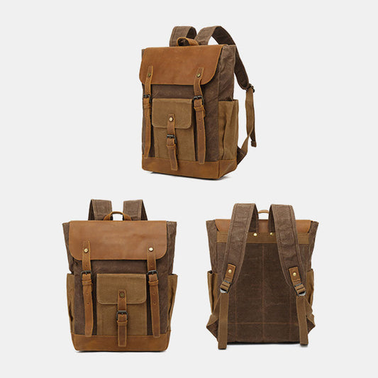 Front, back and angled views of the waxed canvas backpack showing its flap closure and side pockets