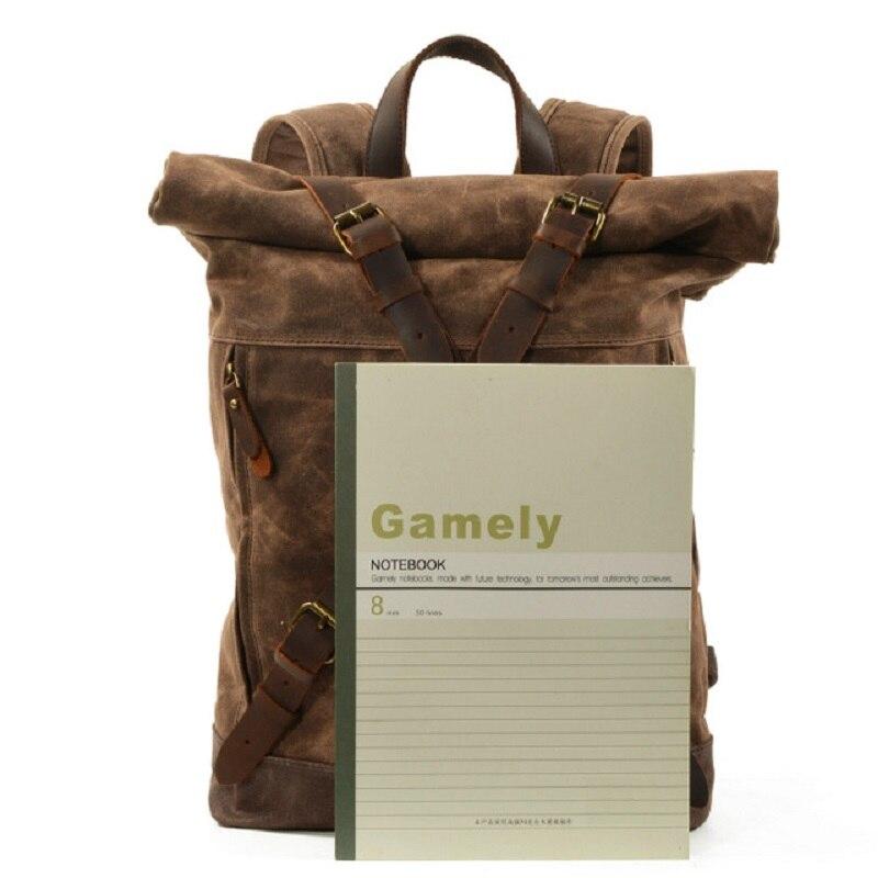 Notebook placed in front of the backpack for a size comparison