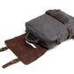 Dark gray canvas backpack with the leather flap folded open.
