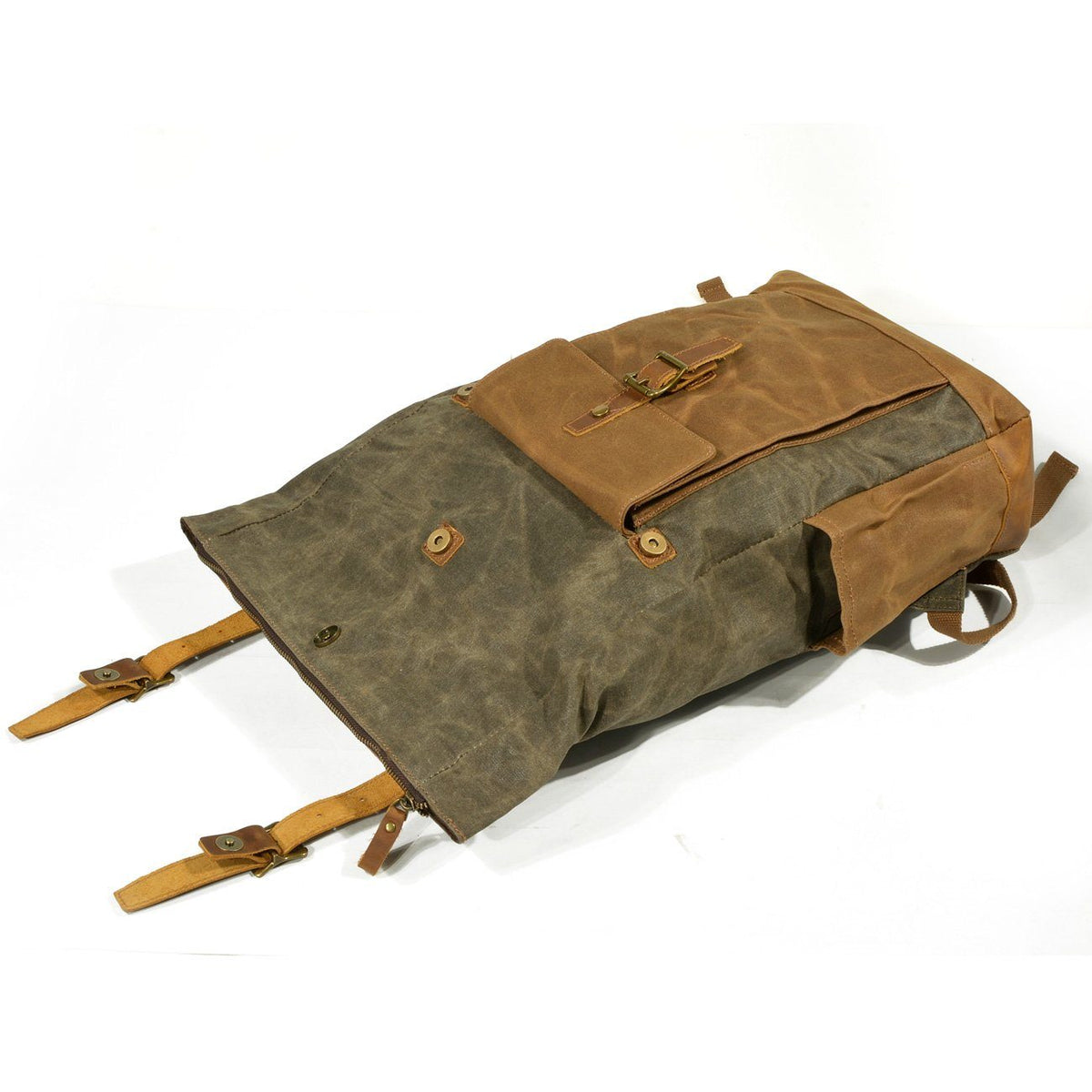 Army green backpack with the roll top unfolded.