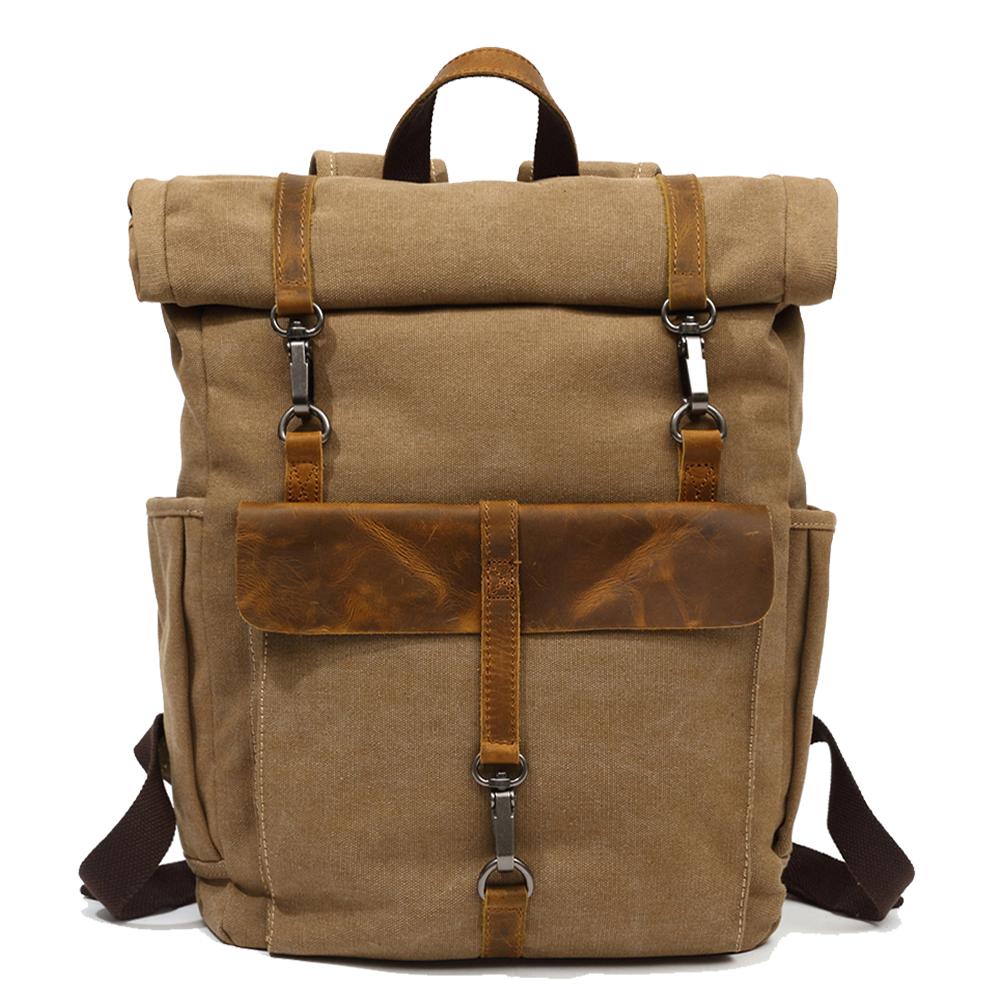 Waxed Canvas Leather Roll Top Backpack