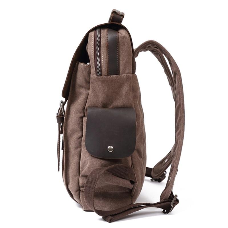 Right side of coffee waxed canvas backpack with leather flap pocket and padded shoulder straps.
