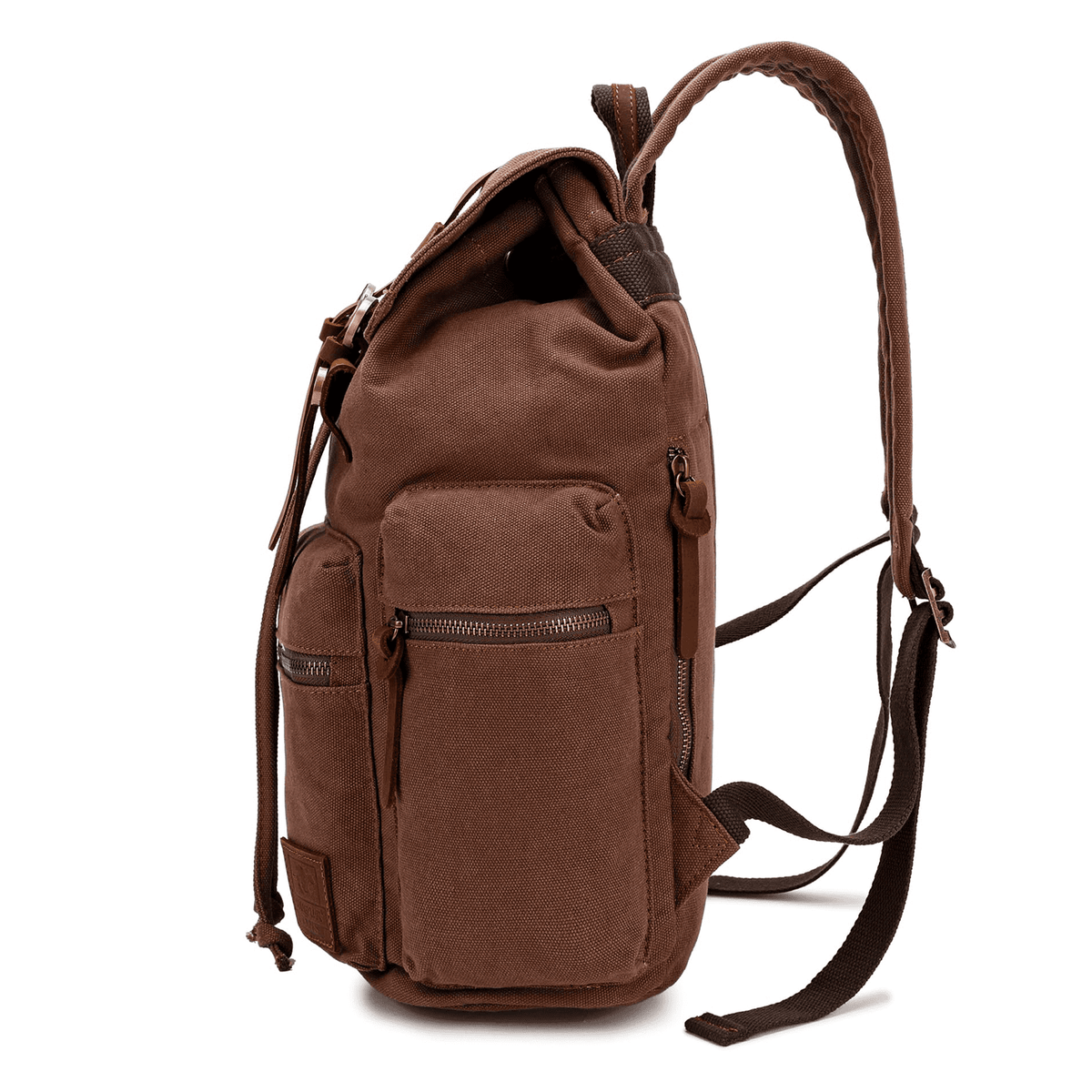 Right side of coffee canvas backpack with zipped side pocket and padded shoulder strap.