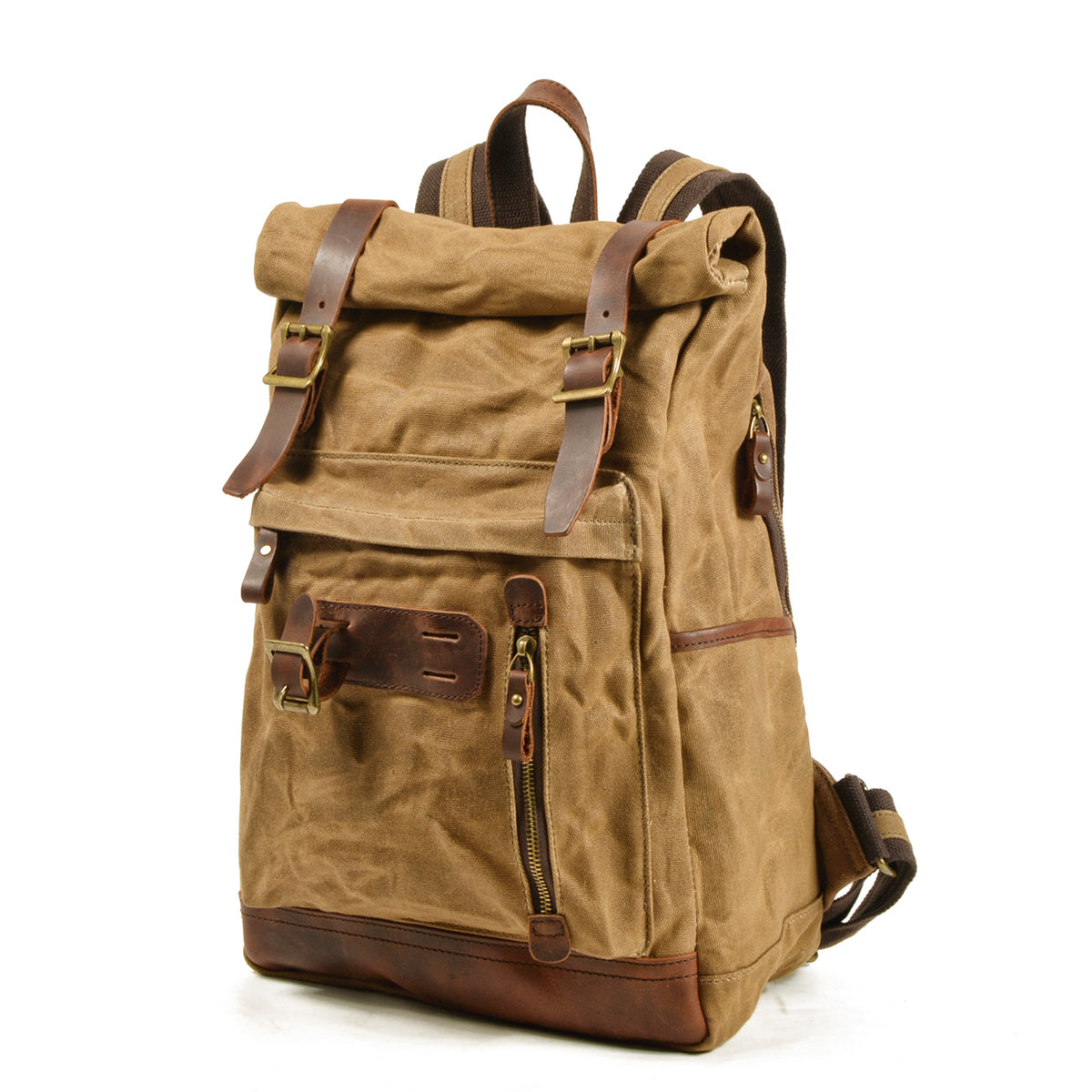 Three-quarter view showing the folded top, front pocket and side slip pocket