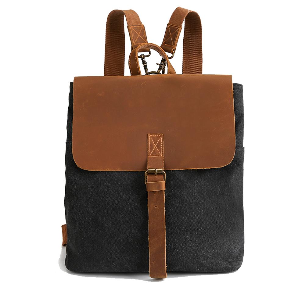 Small Canvas Leather Backpack Purse 12L - Black