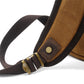 Riveted shoulder strap and brass slider on the khaki backpack