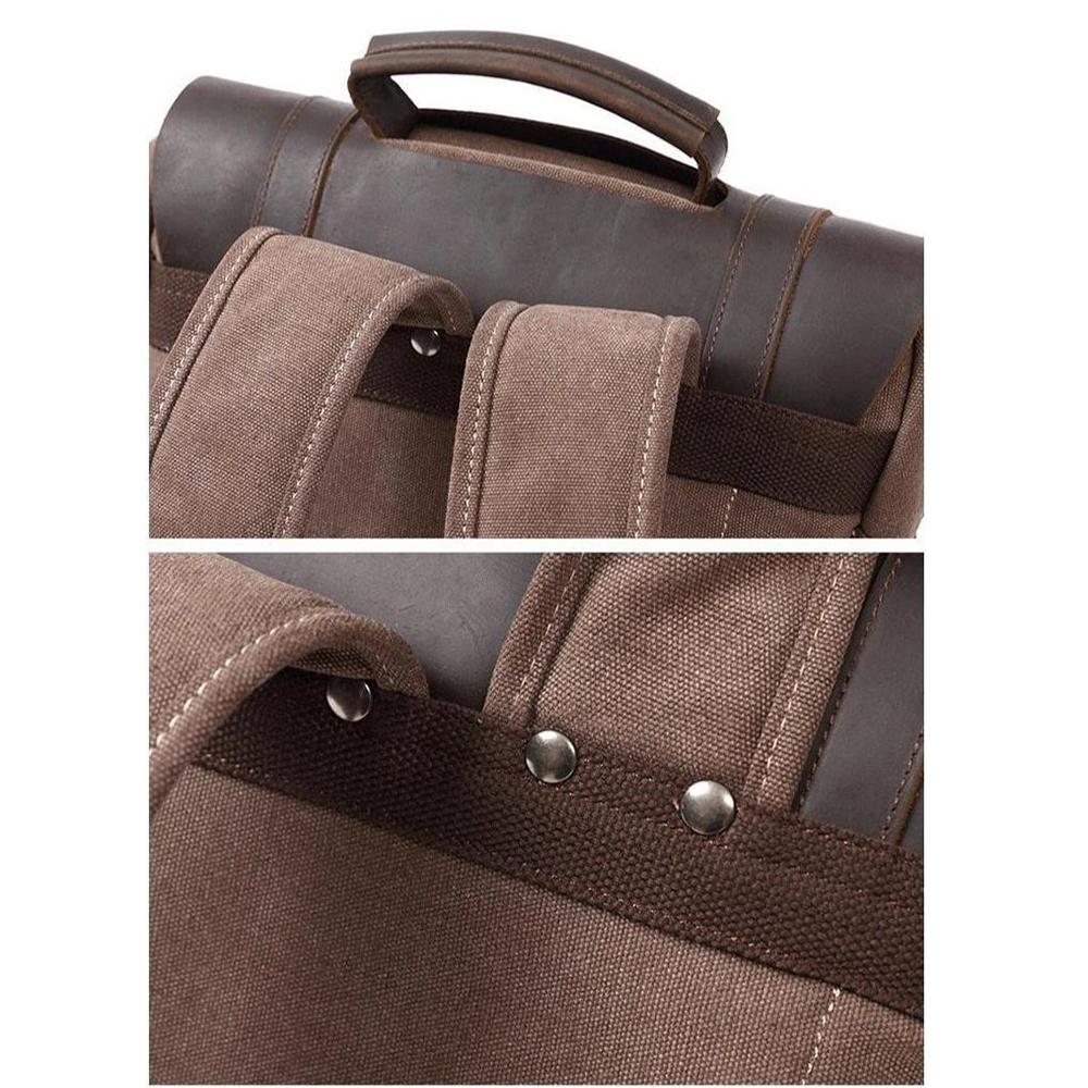 Two close-ups of upper and lower shoulder strap attachments on coffee waxed canvas backpack.