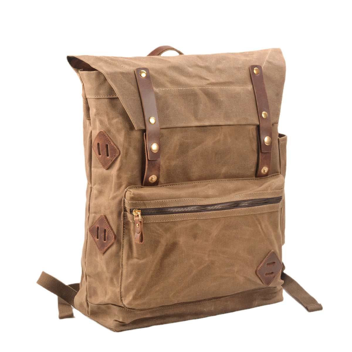 Three-quarter view of the Khaki backpack with its flap-over top and side pocket.