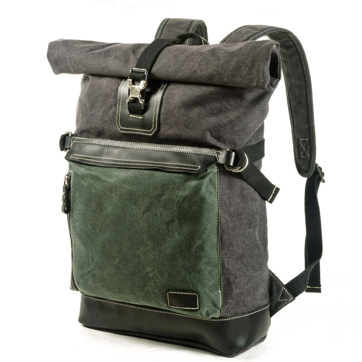 Angled view of the roll top canvas backpack showing its front pocket, side straps and leather base
