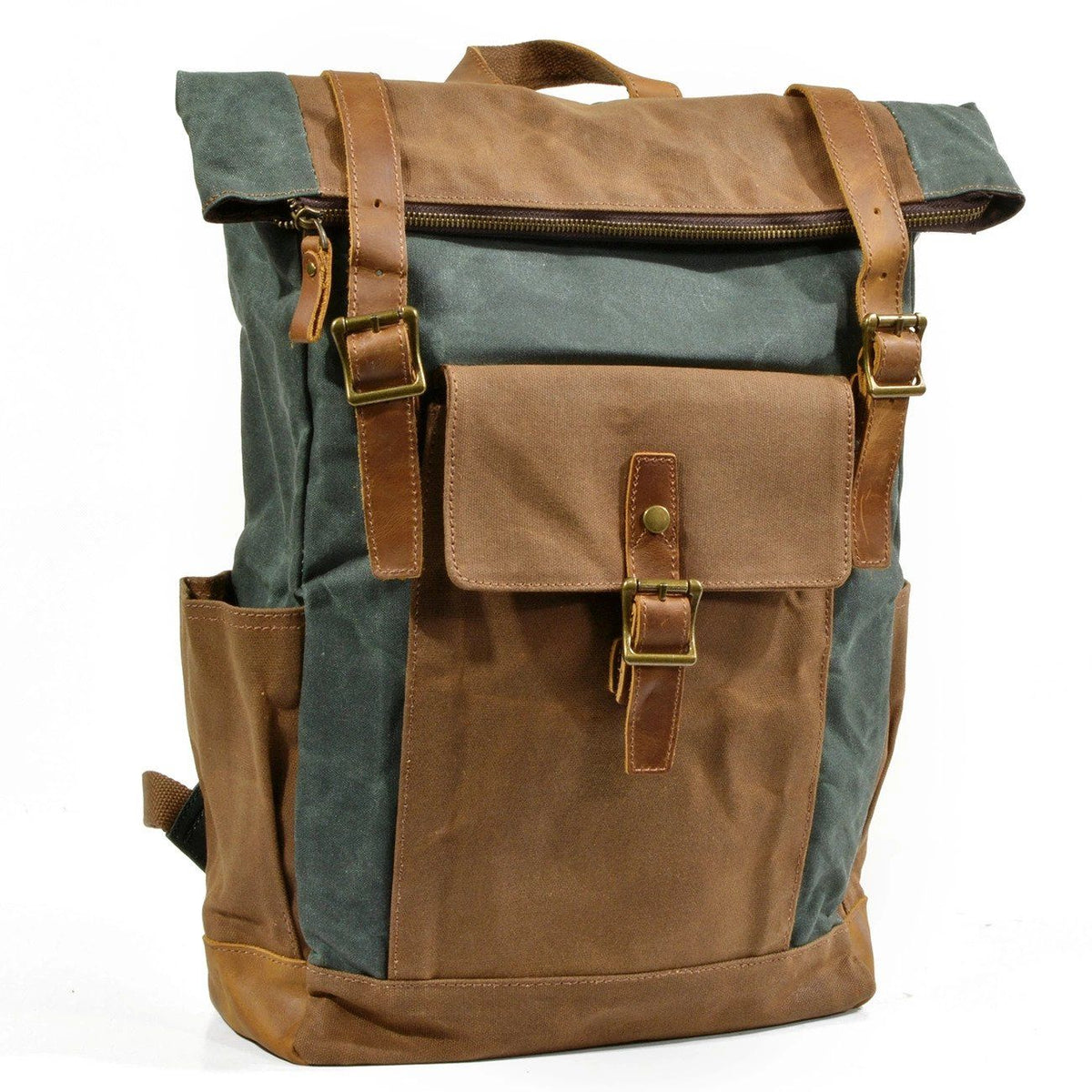 Three-quarter view of the lake green roll top backpack and its side pockets