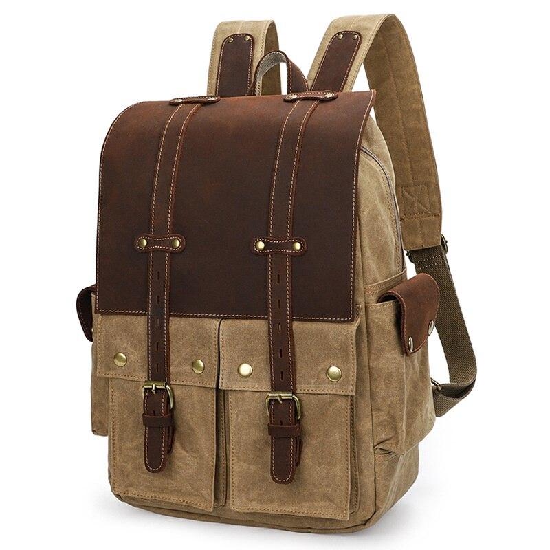 Three-quarter view of the waxed canvas camera backpack, showing the leather side pocket and shoulder straps.