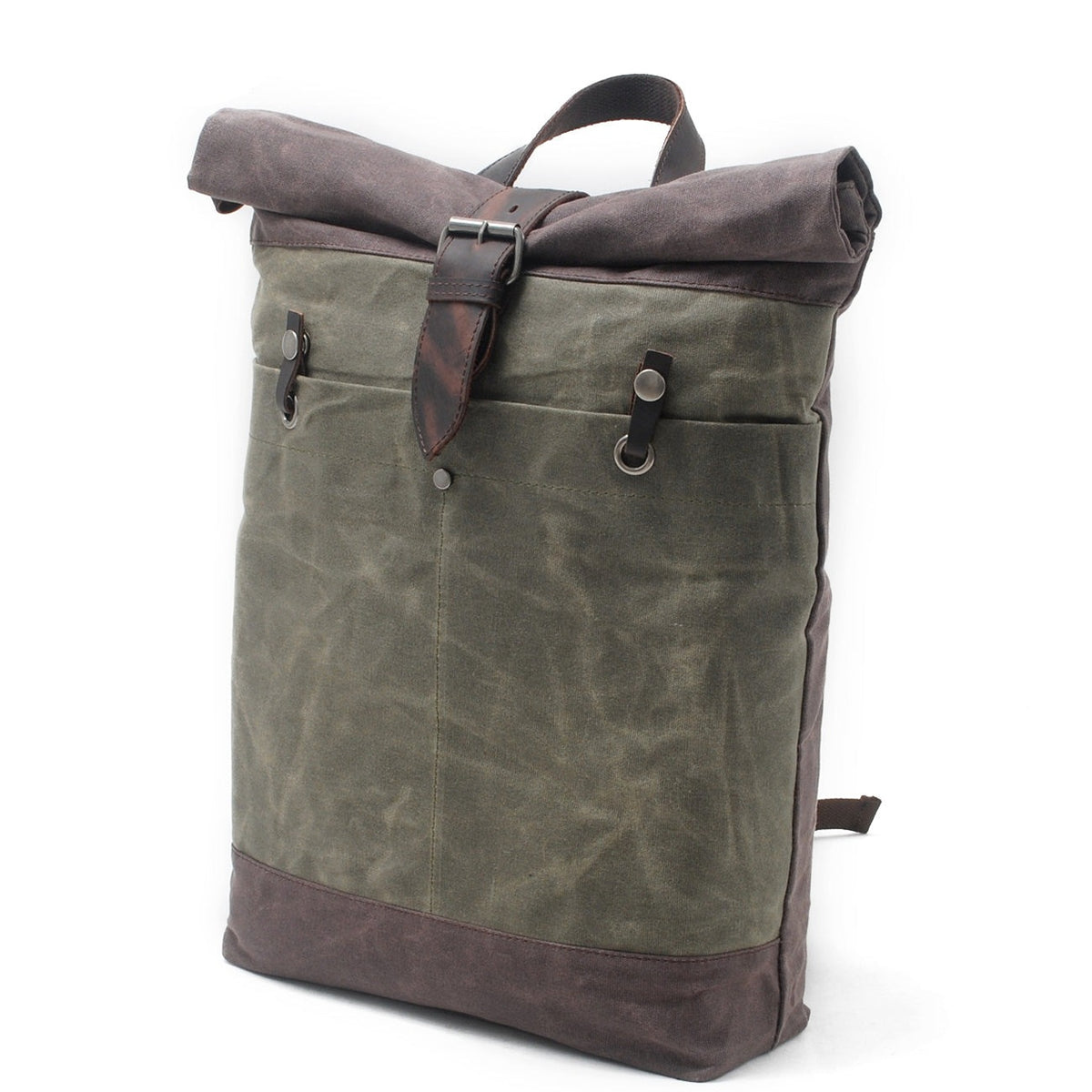 Three-quarter view of the Army roll top backpack and its front pocket.