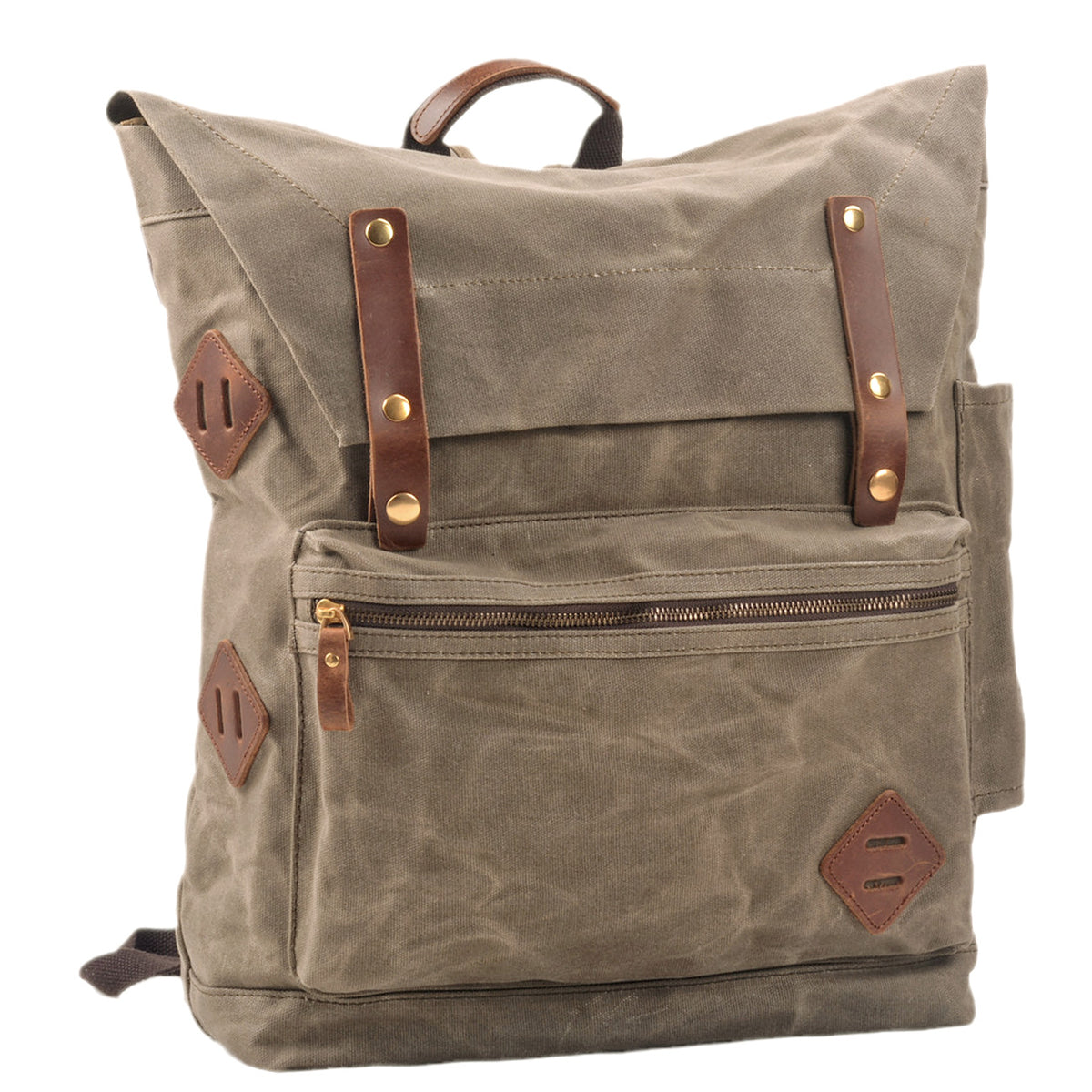 Three-quarter view of the Army backpack with its flap-over top.