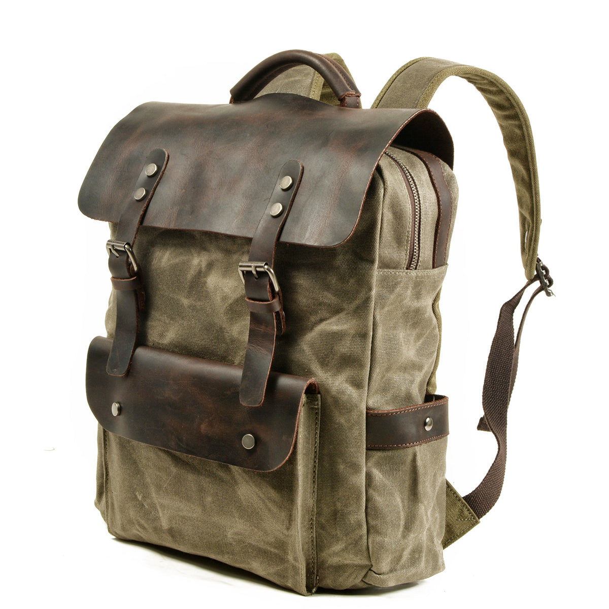 Three-quarter view of the Army backpack with its leather front pocket.