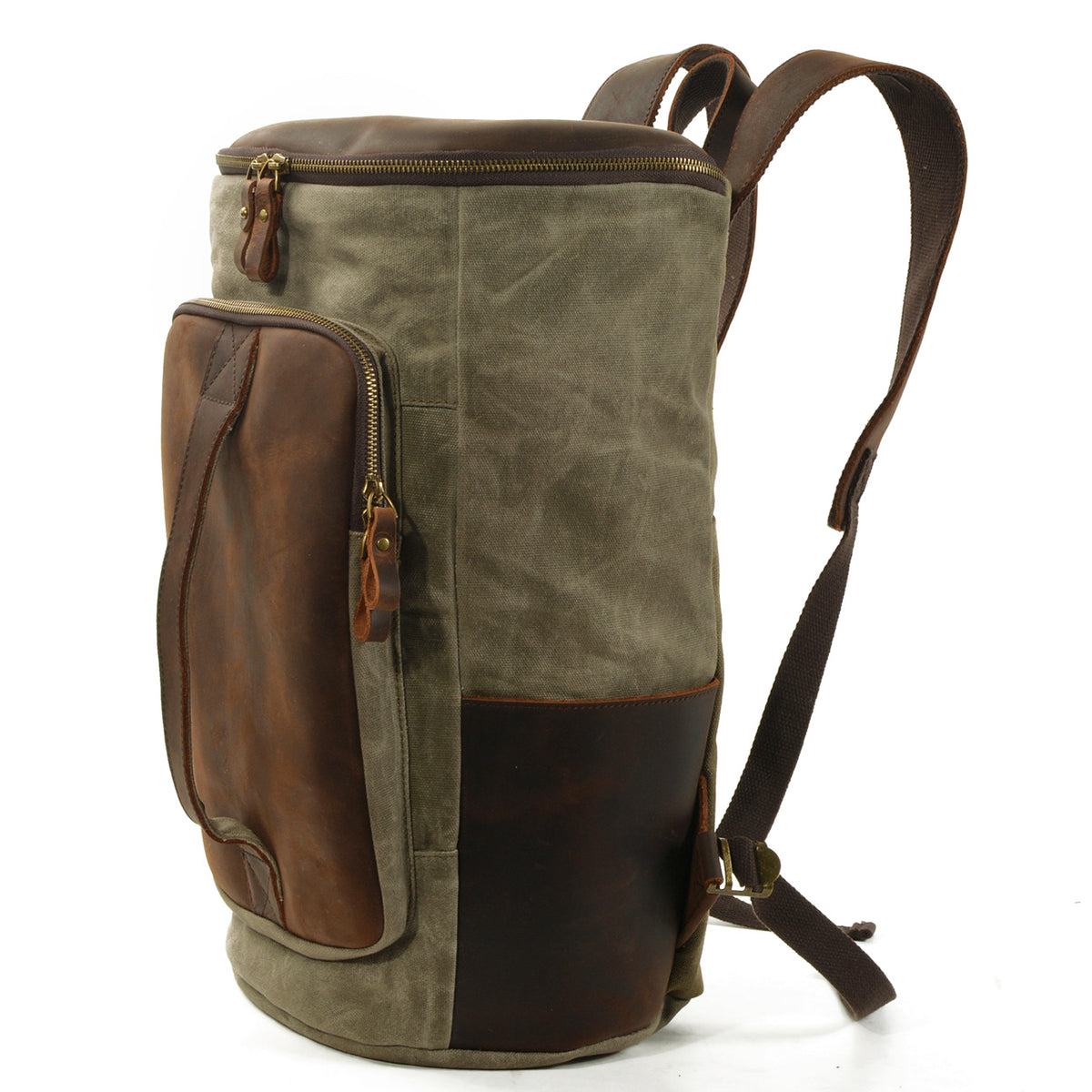 Three-quarter view of the army green waxed canvas backpack showing the front compartment, side pocket and padded strap