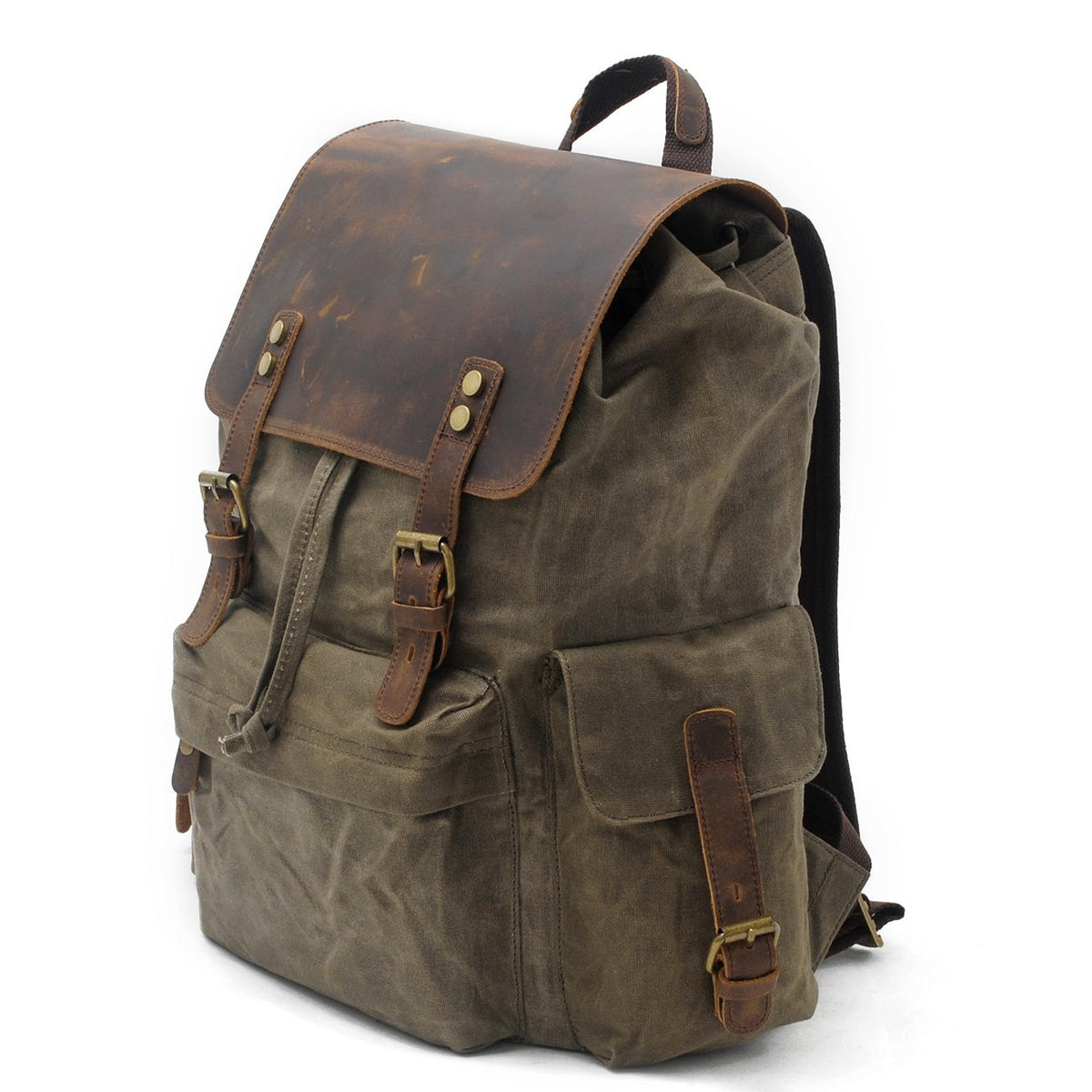 Three-quarter view of the Army backpack and its side pockets.