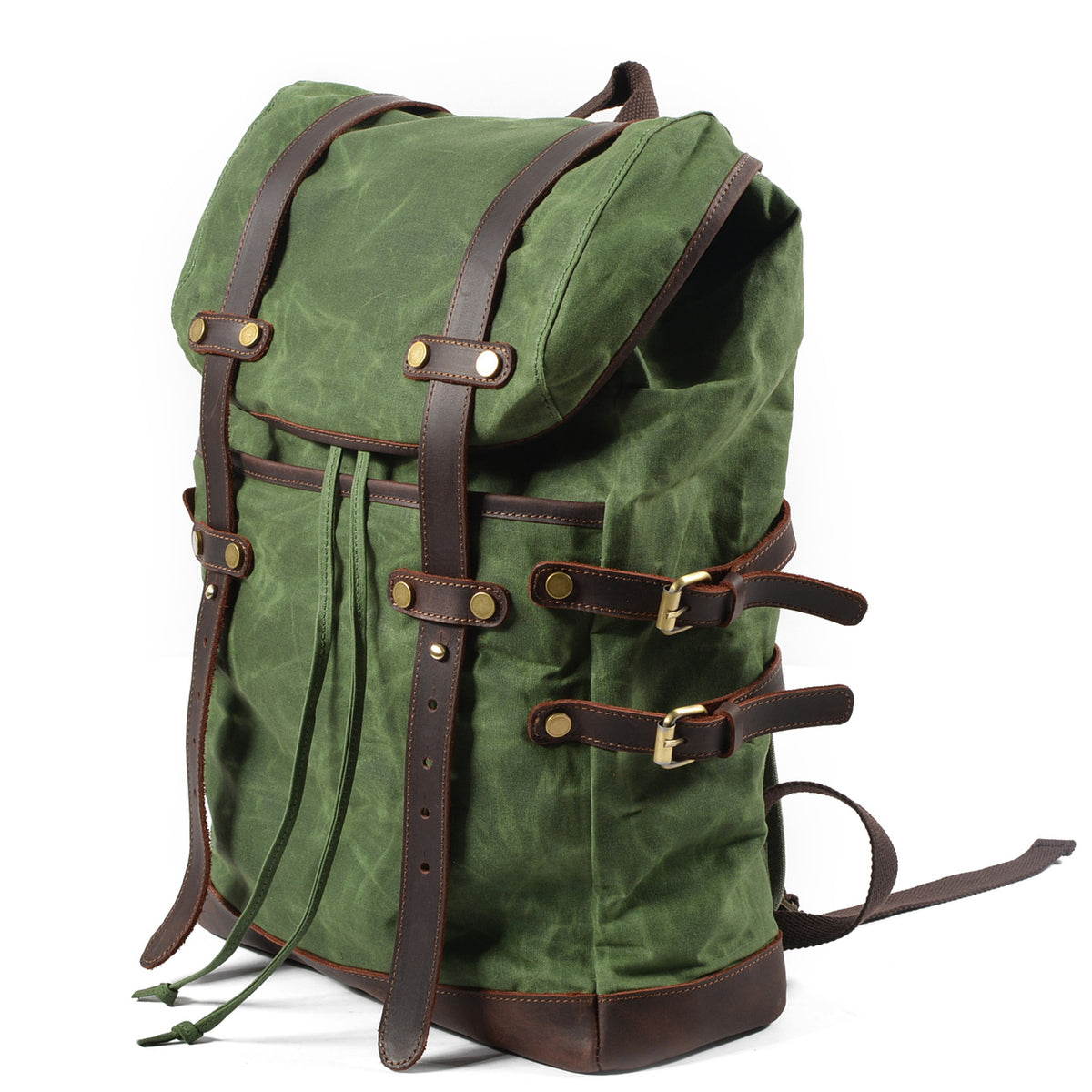 Three-quarter view of the Army rucksack showing its drawstring.
