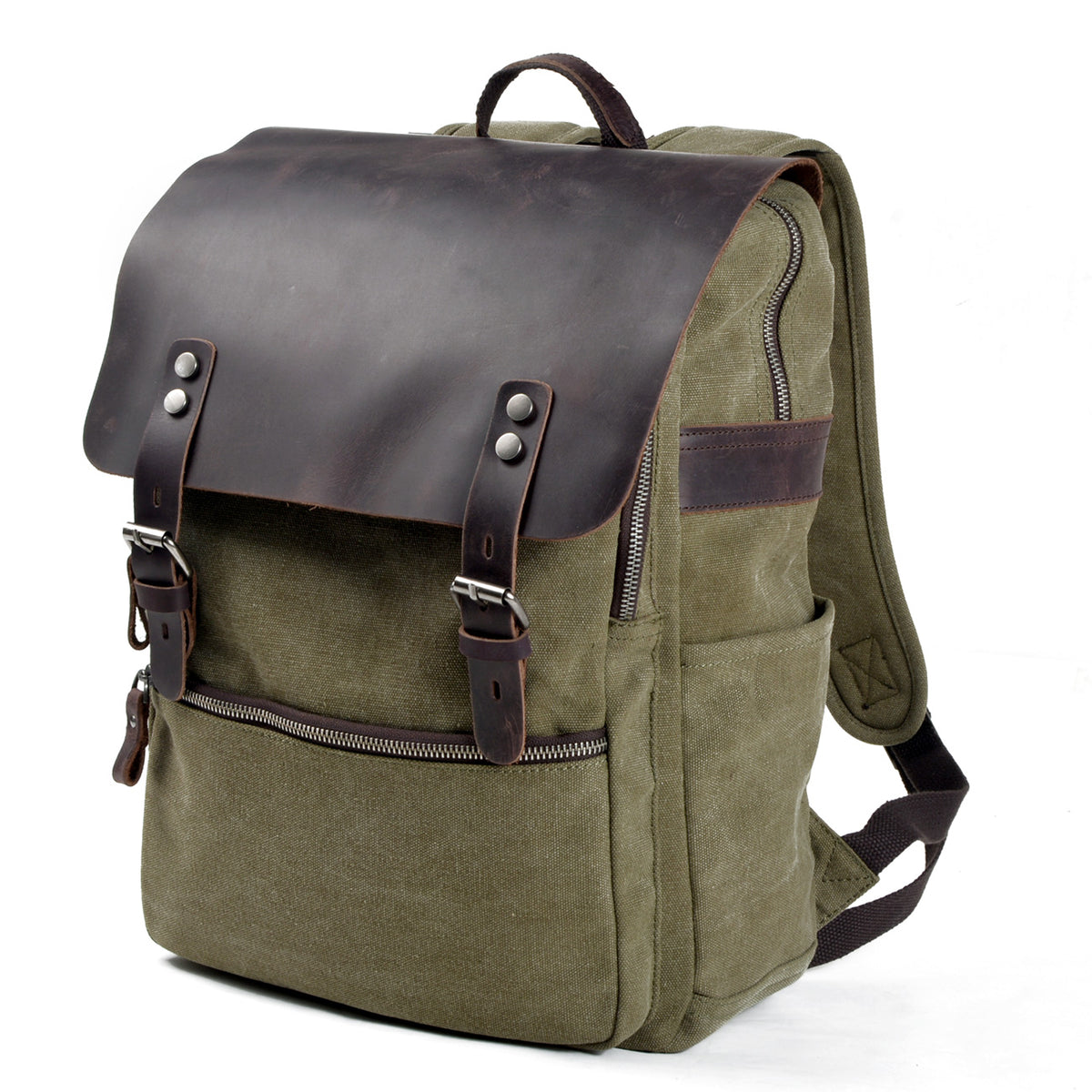 Three-quarter view of the army green canvas backpack showing its flap-over closure and side slip pocket