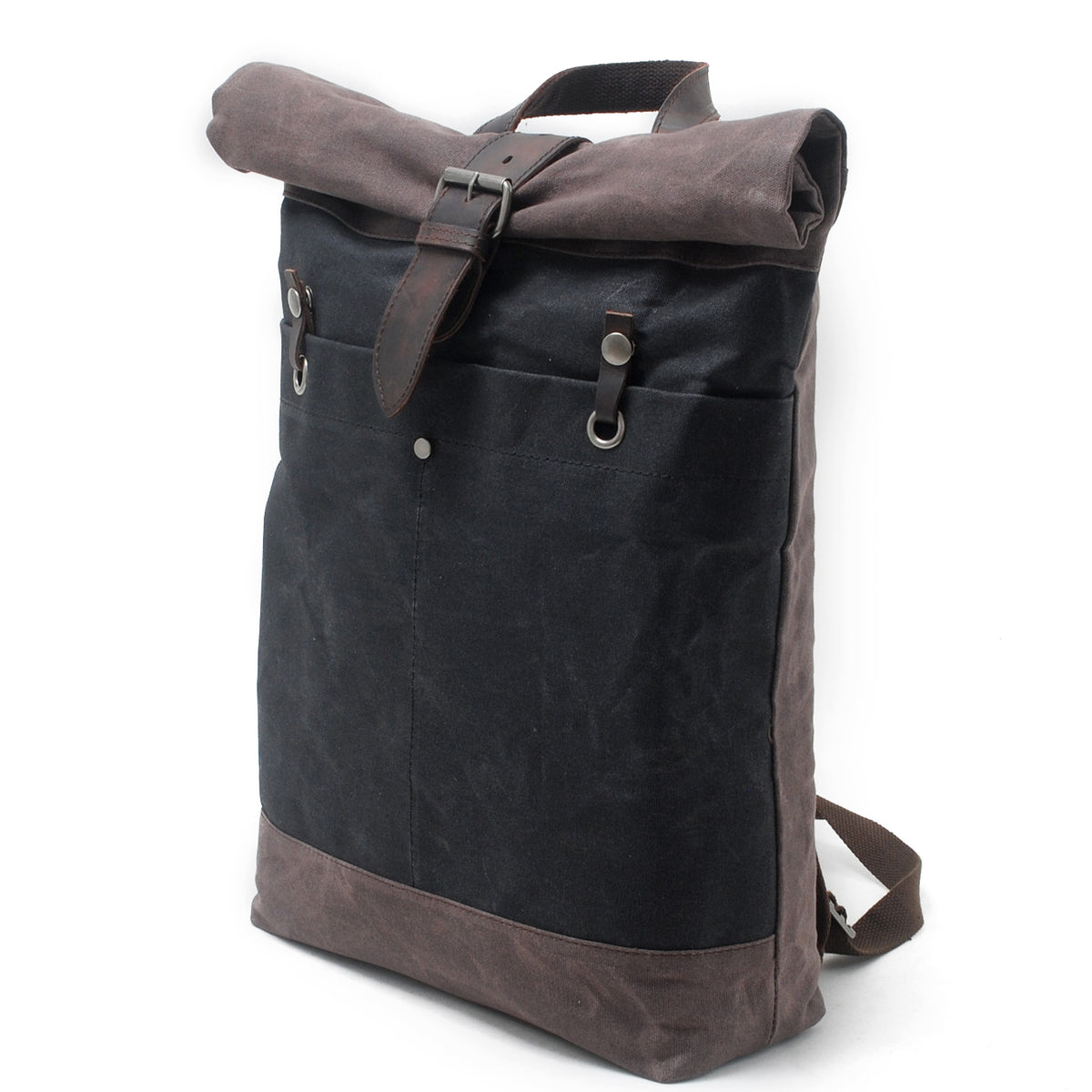 Three-quarter view of the black roll top backpack and its front pocket