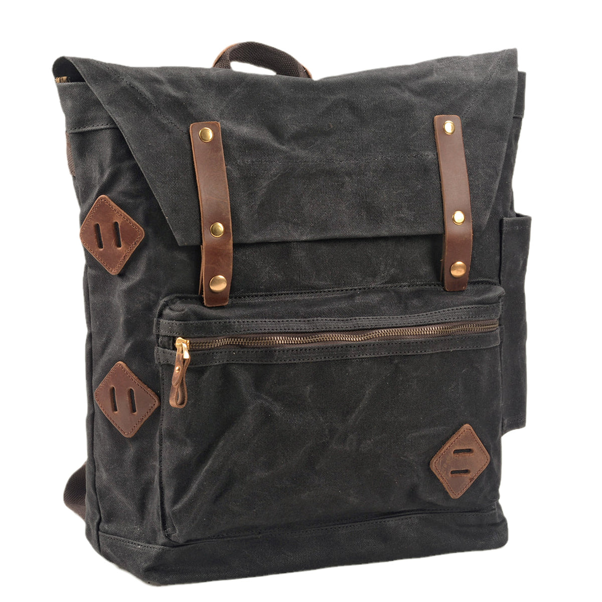 Three-quarter view of the black backpack with its flap-over top and leather patch