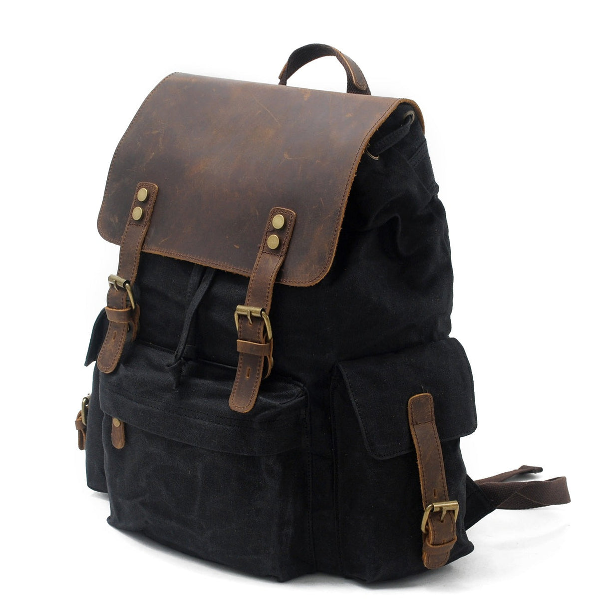 Three-quarter view of the black backpack with its buckled straps
