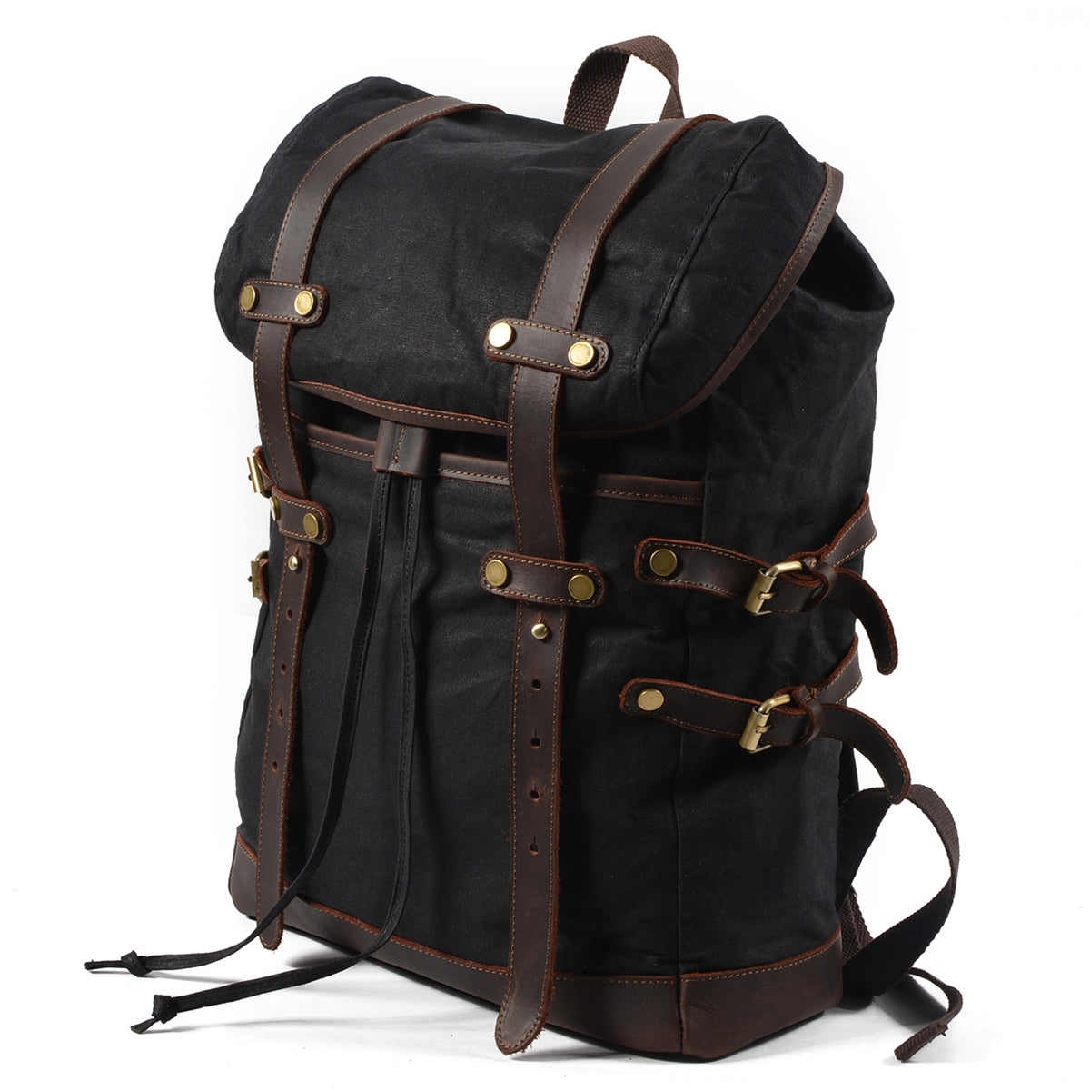 Three-quarter view of the Black waxed canvas rucksack and its drawstring top.