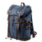 Three-quarter view of the blue rucksack and its drawstring top