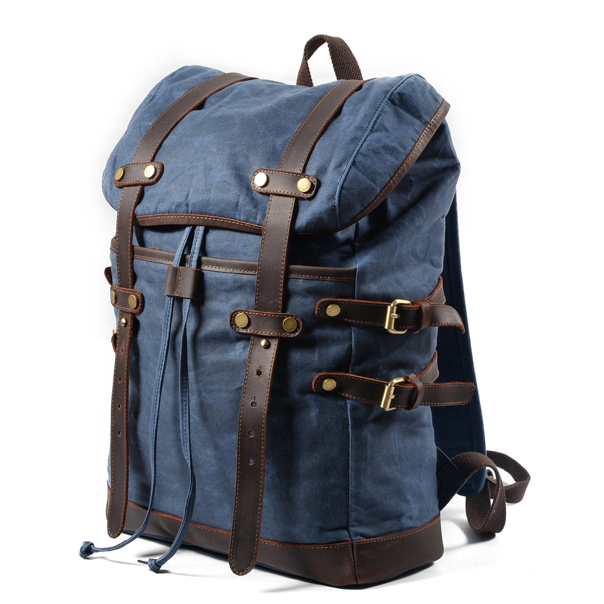 Three-quarter view of the blue rucksack and its drawstring top