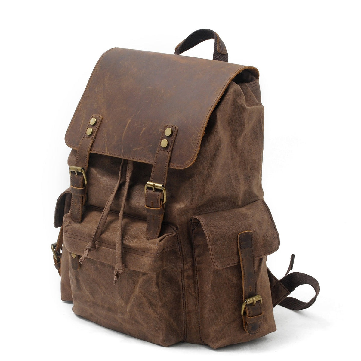 Three-quarter view of the brown backpack showing its drawstring and pockets
