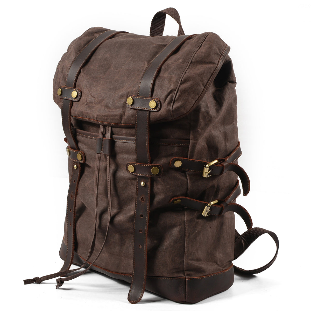 Three-quarter view of the Coffee rucksack and its side straps.