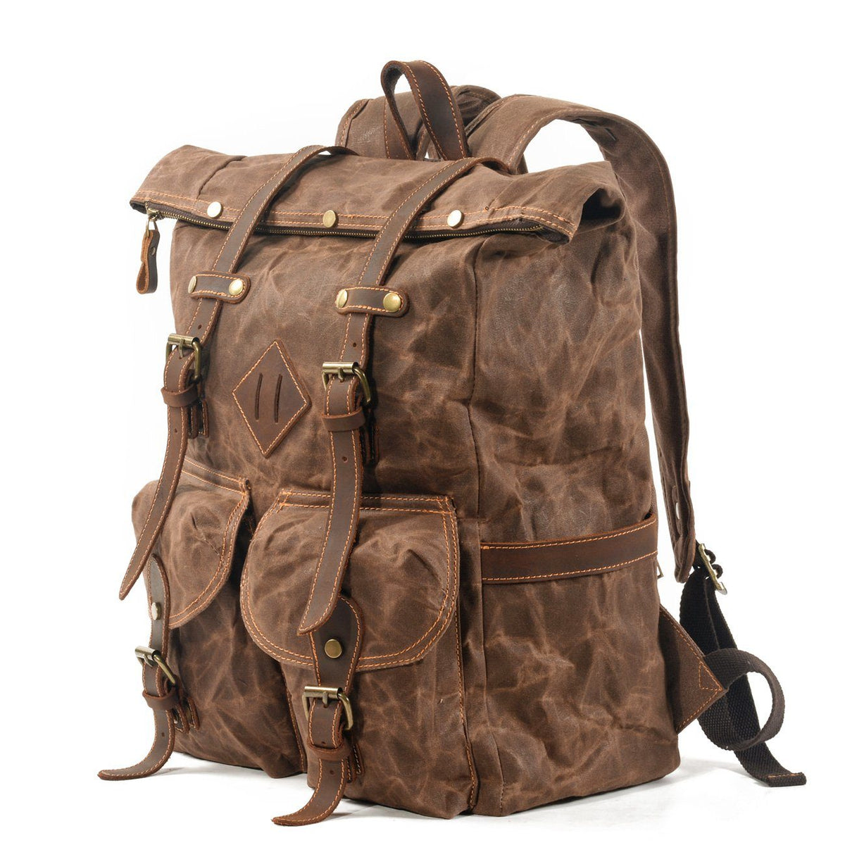 Coffee waxed canvas roll top backpack at an angle, showing front flap pockets and side storage.