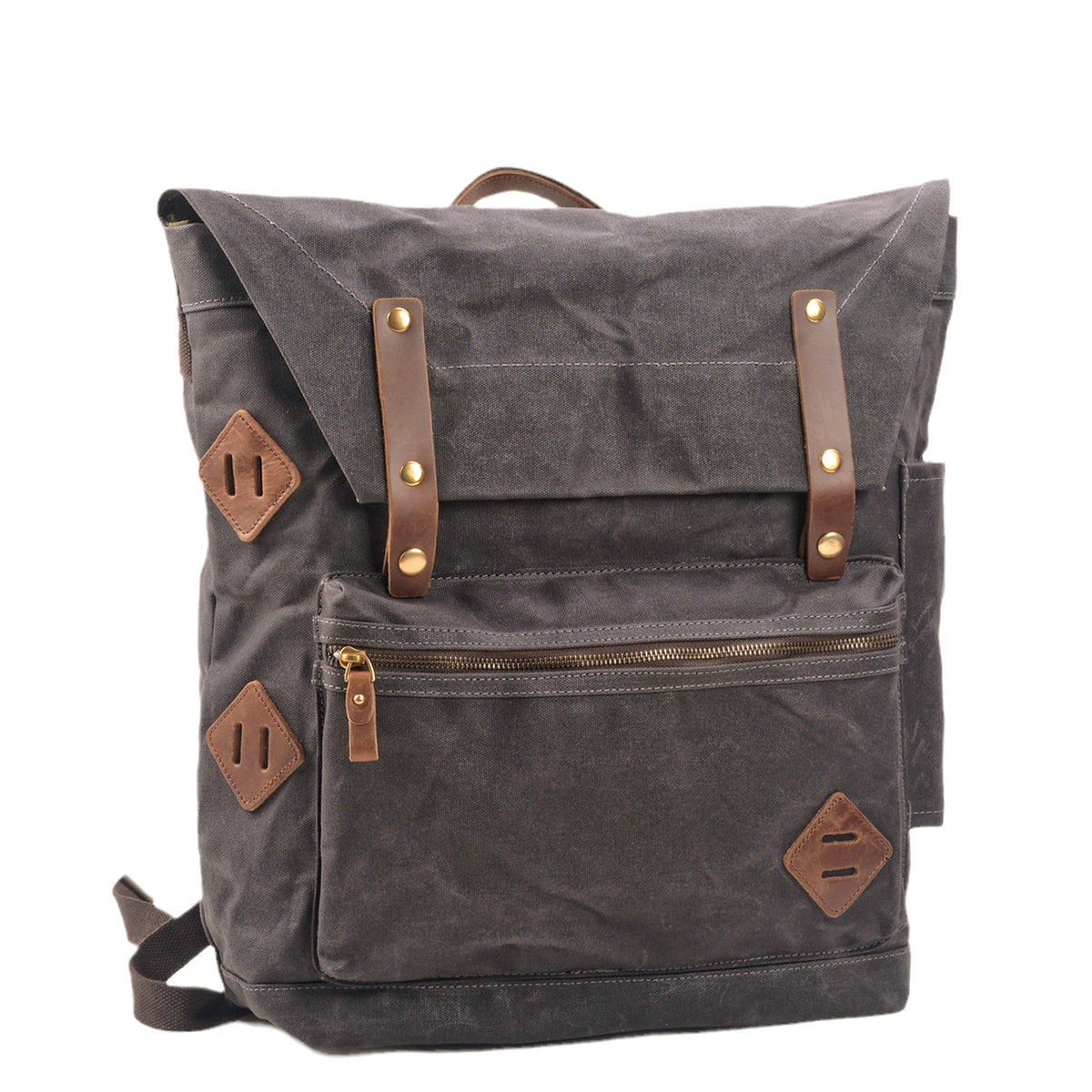 Three-quarter view of the gray backpack with its side pocket and leather patch