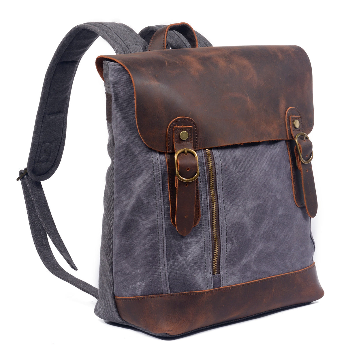 Three-quarter view of the gray school backpack with a dark leather flap