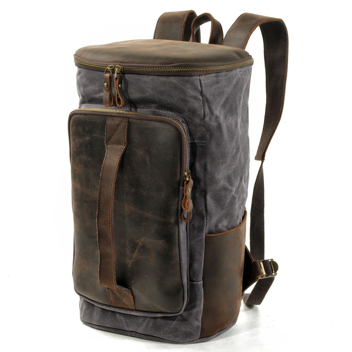 Three-quarter view of the gray waxed canvas backpack showing its tall body and leather grab handle