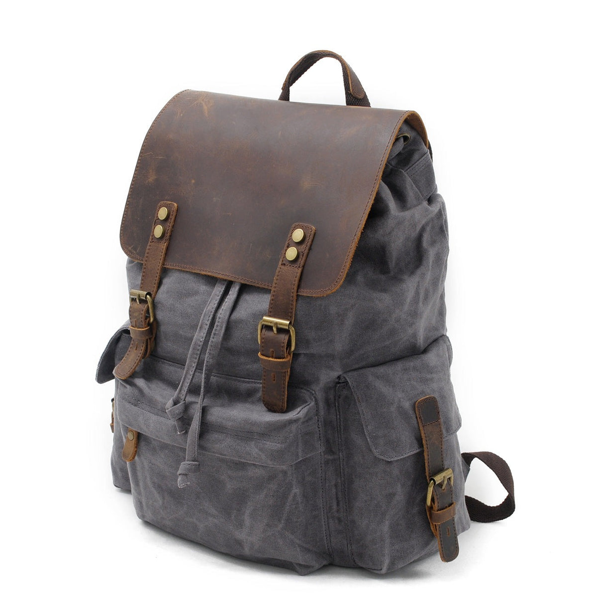 Three-quarter view of the gray backpack with its drawstring and front pocket