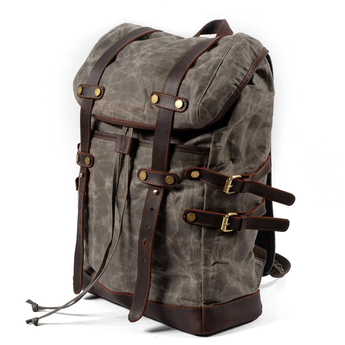 Three-quarter view of the gray backpack showing its side straps