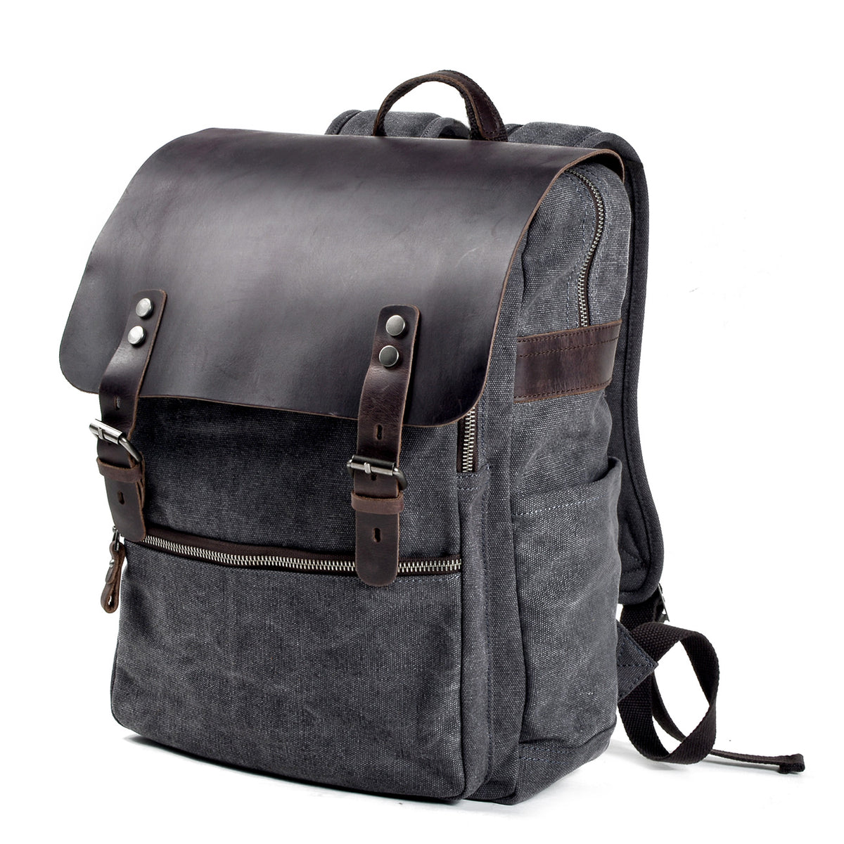 Three-quarter view of the gray canvas backpack showing its leather flap and side pocket