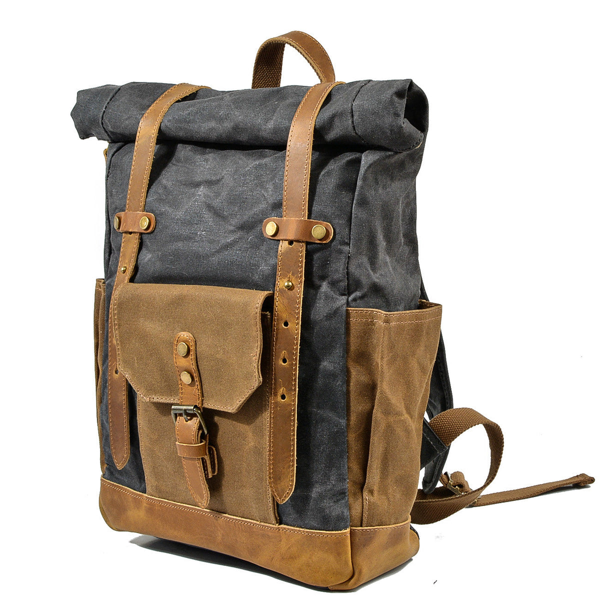Three-quarter view of the Gray roll top backpack with its side bottle pocket.