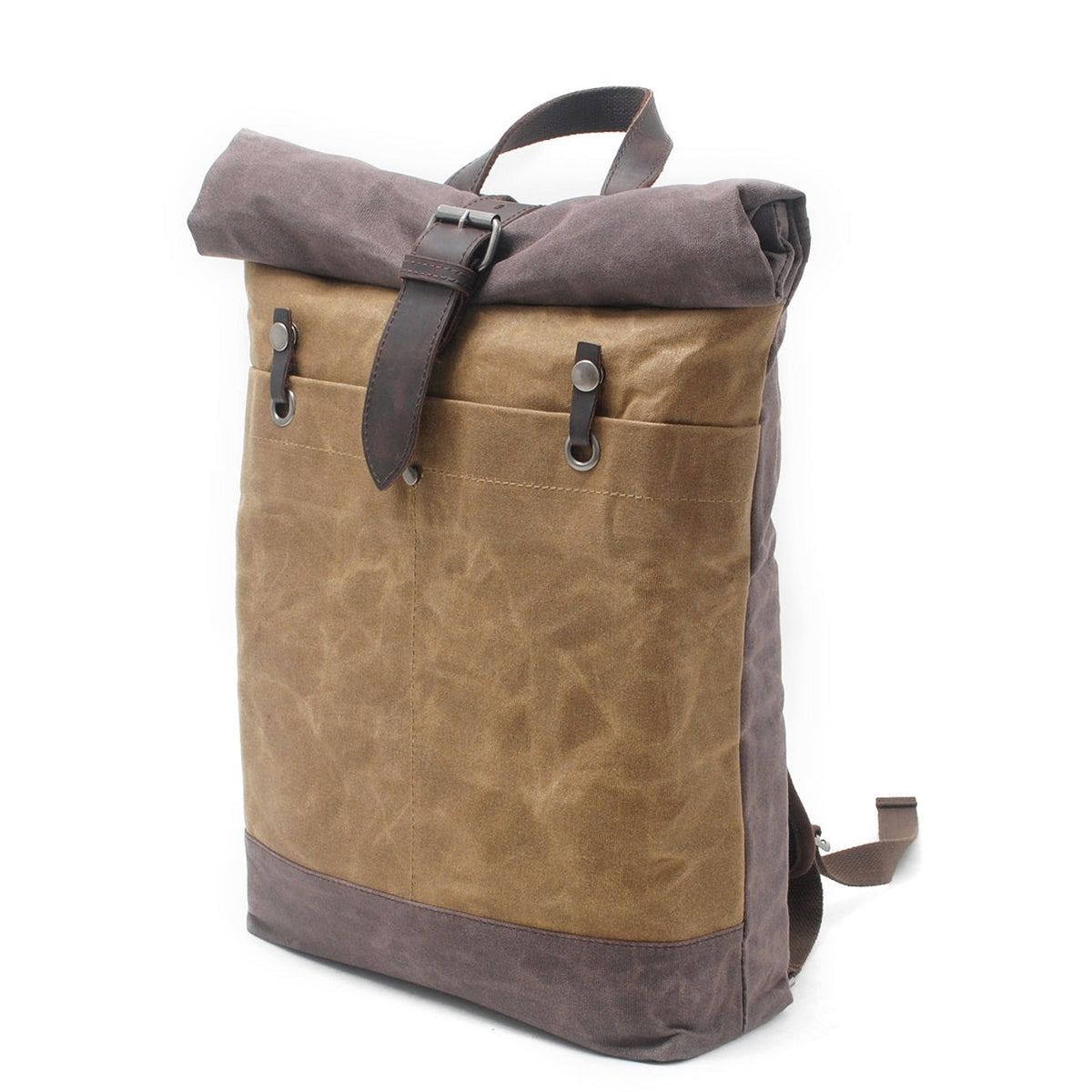 Three-quarter view of the khaki roll top backpack and its front pocket