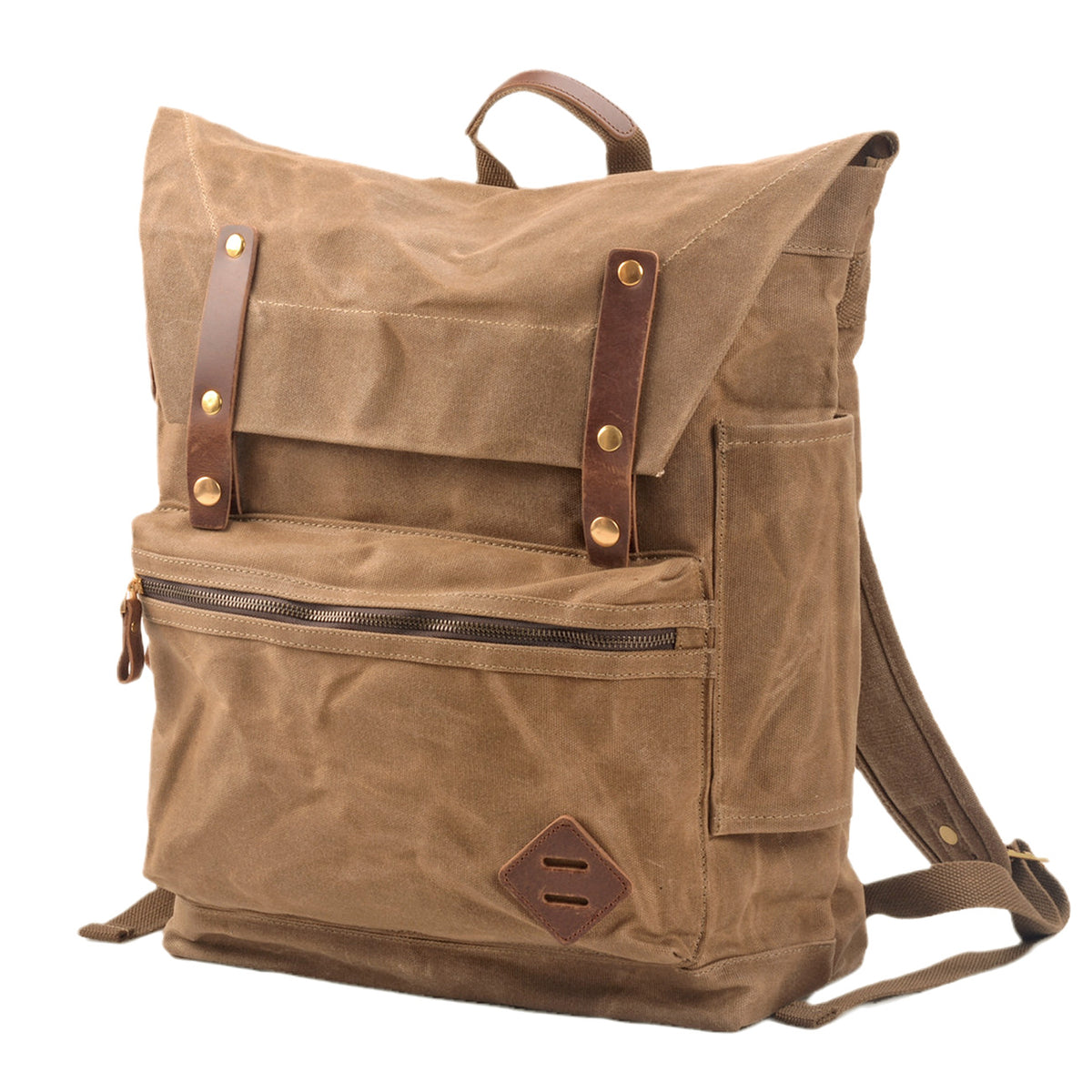 Khaki travel backpack at a three-quarter angle, showing the front zipper pocket