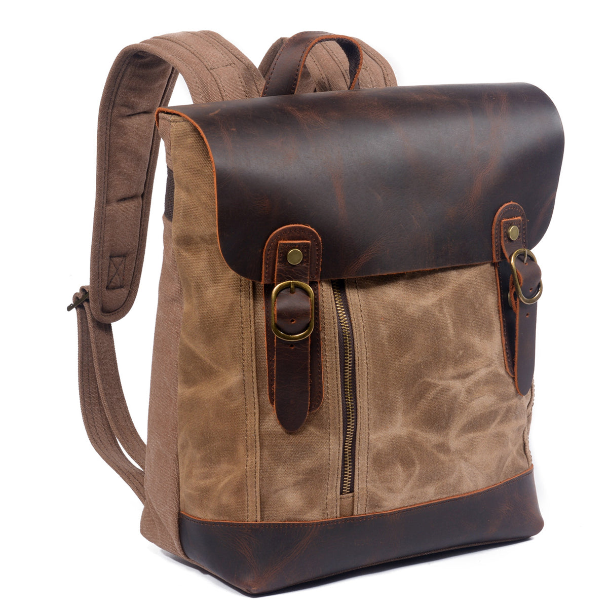 Three-quarter view of the Khaki school backpack with its padded shoulder strap.